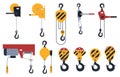 Mechanical and electric winches. Industrial lifting equipment. Yellow crane, hook. Vector illustration