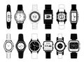 Mechanical and electronic sport hand watches in monochrome style. Vector pictures set isolate on white