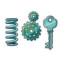 Mechanical Elements Set: Spring, Gears, and Key Illustration Royalty Free Stock Photo