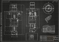 Mechanical engineering drawings on black background. Tap tools, borer. Technical Design. Cover. Blueprint. Vector