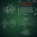 Mechanical engineering drawings on green blackboard Royalty Free Stock Photo