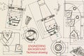 Mechanical engineering drawings on sepia background. Tap tools, borer. Technical Design. Cover. Blueprint. Vector