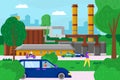 Mechanical factory building, modern cityscape factory, hard work employee walk enterprise landscape flat vector