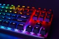 Mechanical gaming keyboard with backlight, close-up. Gaming keyboard with RGB backlight. RGB LED keyboard