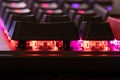 Mechanical gaming keyboard with RGB LED backlight, close-up of the keys