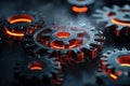 Mechanical Gear System with Glowing Centers on Dark Metallic Background Royalty Free Stock Photo