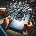 Mechanical gears workshop garage smart industry tablet concept