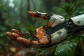 Mechanical hand in a lush green forest