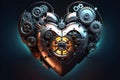 A mechanical heart with intricate gears and cogs, glowing with a warm light. technology and emotion.