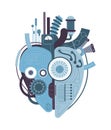 Mechanical heart. Machine heart, love motor industrial pump complex with gears pipe cables, robotic steel hearts steam