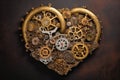 mechanical heart made up of intricate gears and cogs in gold and bronze, set against a backdrop of textured, worn metal