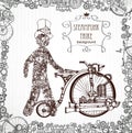 A mechanical man in a cylinder. Victorian era, steampunk style. Template steampunk design for card. Frame steampunk