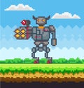 Pixel art game scene with ground, grass and sky with clouds. Mechanical man in iron armor