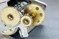 Mechanical metal brass gearwheels. scoreboard mechanism.