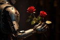 Mechanical passion Robot symbolizes love, holding a crimson rose