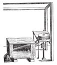 Mechanical sifter invented around 1552, after the Faust Veranzio, vintage engraving