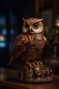 Steampunk sculpture of owl made of metal and leather, incredible details