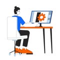 Mechanical technician sitting at computer 2D linear cartoon character Royalty Free Stock Photo