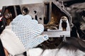 Mechanical technician worker hands measuring detail tool after processing at workshop with sliding caliper manufacturing Royalty Free Stock Photo