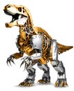 Mechanical techno Tyrannosaurus Rex, made of moving golden, silver, brass and aluminum metal parts Royalty Free Stock Photo