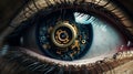 Mechanical Timepiece Fusion: An Intimate Glimpse into a Clockwork-Infused Human Eye Approaching Midnight. Generative Ai