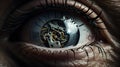 Mechanical Timepiece Fusion: An Intimate Glimpse into a Clockwork-Infused Human Eye Approaching Midnight. Generative Ai