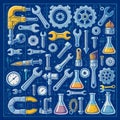 Mechanical tools and laboratory equipment collage on blue background Royalty Free Stock Photo
