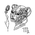 Mechanical virgo zodiac. Hand drawn illustration steampunk style.