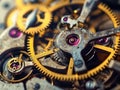 Mechanical watch inside with spring mechanism and gears rotating extreme macro.