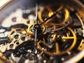 Mechanical watch inside with spring mechanism and gears rotating extreme macro. Royalty Free Stock Photo