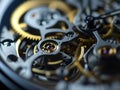 Mechanical watch inside with spring mechanism and gears rotating extreme macro. Royalty Free Stock Photo