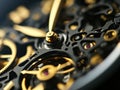 Mechanical watch inside with spring mechanism and gears rotating extreme macro. Royalty Free Stock Photo