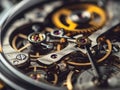 Mechanical watch inside with spring mechanism and gears rotating extreme macro.