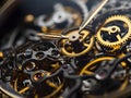 Mechanical watch inside with spring mechanism and gears rotating extreme macro. Royalty Free Stock Photo