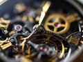 Mechanical watch inside with spring mechanism and gears rotating extreme macro. Royalty Free Stock Photo