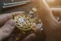 Mechanical watch repair. Watchmaker is repairing the mechanical watches Royalty Free Stock Photo