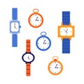 Mechanical wrist and pocket watches. Multi-colored men and women watches with straps.