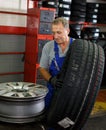 Mechanician removing tire from wheel disc Royalty Free Stock Photo