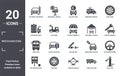 mechanicons icon set. include creative elements as car front view beside a traffic meter, cart wheel, car inside a garage, car