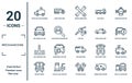 mechanicons linear icon set. includes thin line truck with an antenna on it, rectangular car front, car temperature, big bus front