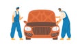 Mechanics checking and repairing auto in car repair service. Workers and automobile with hood up. Repairman in overalls