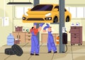 Mechanics do bodywork in workshop station. Repairmen fix breakdowns of motor, change wheels with car lift. Men repair