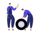 Mechanics Dressed in Blue Overalls Holding Car Wheel, Wrench and Screwdriver, Repair Service Staff with Instruments