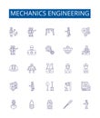 Mechanics engineering line icons signs set. Design collection of Mechanics, Engineering, Kinematics, Dynamics