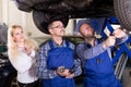 Mechanics examining suspension Royalty Free Stock Photo