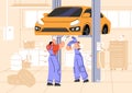 Mechanics fix breakdowns, examine suspension, change wheels with car lift. Repairmen do maintenance in auto service