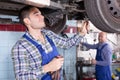 Mechanics fixing car Royalty Free Stock Photo