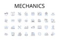 Mechanics line icons collection. Physics, Dynamics, Kinetics, Motion, Movement, Force, Energy vector and linear