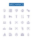 Mechanics line icons signs set. Design collection of Automotive, Physics, Engineering, Repair, Technician, Force