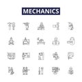 Mechanics line vector icons and signs. Repair, Maintenance, System, Restoration, Auto, Automotive, Dynamics, Analysis
